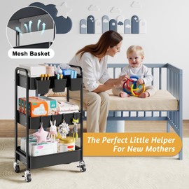 Three Tiered Art Cart Organizer on Wheels, Storage Utility Trolley Carts for Baby Nursery, Diaper Caddy, Craft, Nail, Lash, Makeup, Salon,Cleaning Supplies