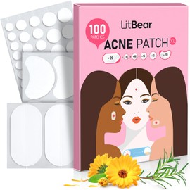 LitBear Pimple Patches, Large Acne Patches for Face, Chin, or Body, Acne Spot Treatment with Tea Tree & Calendula Oil, Hydrocolloid Bandages for Acne Skin (100 Patches)