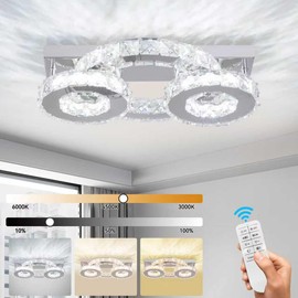 Zenouidle Dimmable Crystal Chandelier Modern Crystal Ceiling Light 3 Rings LED Flush Mount Celiling Light Fixture for Dining Room Bedroom Living Room