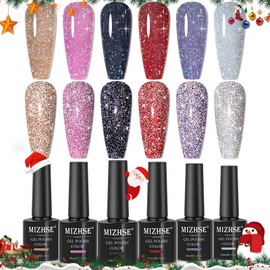 MIZHSE Juego de esmaltes de gel con purpurina reflectante, juego de esmaltes de gel holográficos con purpurina, kit de manicura de esmalte de uñas de gel brillante brillante, lámpara LED remojada, para principiantes DIY en casa (juego de purpurina reflec