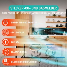 LSENLTY Carbon Monoxide and Gas Detector with Plug, 4-in-1 CO Detector with Temperature & Humidity Sensor with Audible Alarm for Motorhomes