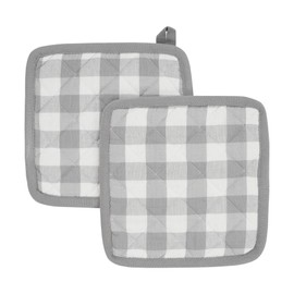 VHC Brands Cotton Pot Holder Set of 2, Heat Resistant, Kitchen Potholders, Annie Buffalo Check Collection, Square 8x8, Ash Grey & White Checkered