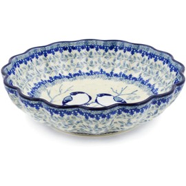 Polish Pottery 7½-inch Scalloped Bowl made by Ceramika Artystyczna (Waiting Birds Theme) Signature UNIKAT + Certificate of Authenticity