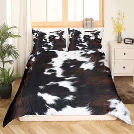 Cow Fur Print Duvet Cover Set Full Size,Cowhide Bedding Set 3pcs for Kids Teens Girls Boys Room Decor, Farmhouse Animal Skin Comforter Cover Rustic Black White Brown Quilt Cover with 2 Pillowcases