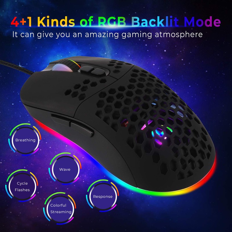 Zienstar-Kabelgebundene USB C Gaming Mäuse,Leichte Wabenschale,7200DPI,RGB-Leuchten für Apple MacBook,Computer oder