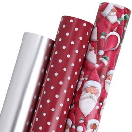 LaRibbons Christmas Wrapping Paper Rolls, Joyful Santa/Red Gingham/Snowflake/Polka Dot Design for Christmas Gift, New Year, Party, 17 Inch x 10 Feet(3 Rolls:42.3sq.ft.ttl)