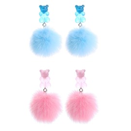Pom Pom Candy Bear Earrings Fluffy Faux Fur Ball Earrings Gummy Resin Bear Drop Earrings Cute Colorful Ball Resin Bear Dangle Earring for Women (Light Blue&Pink)