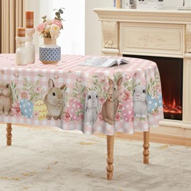 Horaldaily Easter Tablecloth 60×84 Inch Oval, Bunnies Pink Buffalo Plaid Spring Washable Seasonal Table Cover for Party Picnic Dinner Decor