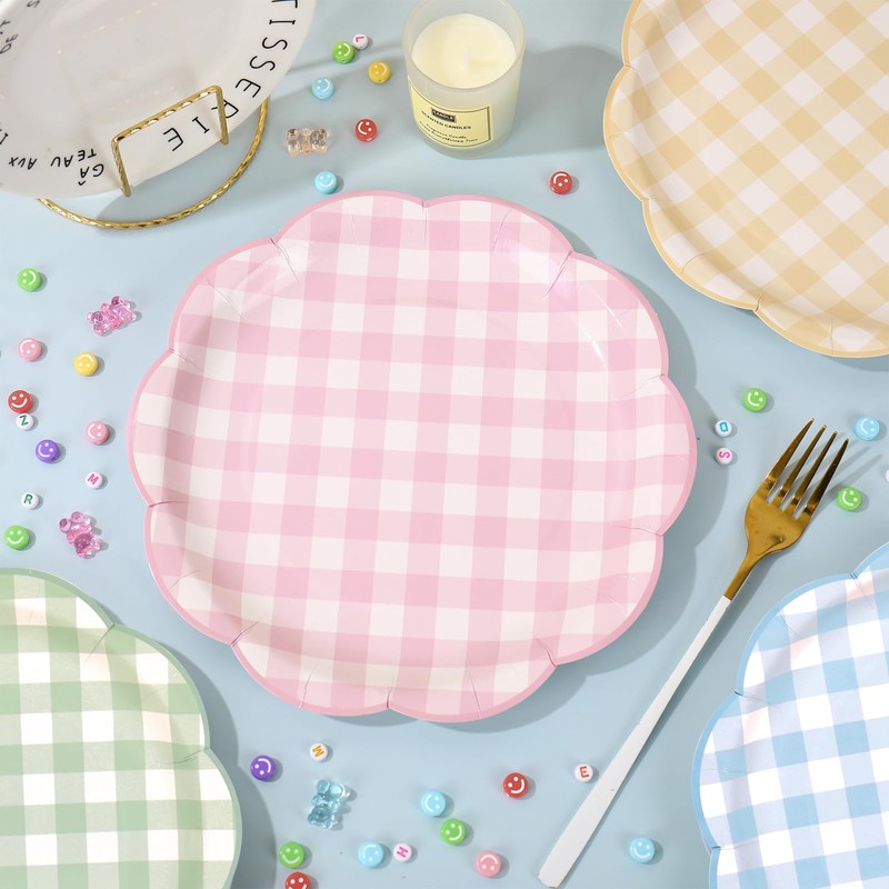 48Pcs Pastel Plaid Paper Plates, Scalloped, 9 Inch, 4 Colors