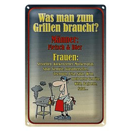 Tin Sign 'Was man zum Grillen braucht' | Funny Gift for Barbecue Fans | Men vs. Women Barbecue Accessories | 20 x 30 cm