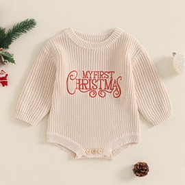 HZPHQY My First Christmas Baby Boy Girl Outfit Knit Romper Onesie Toddler Infant Long Sleeve Xmas Sweater Jumper Clothes (A Beige My First Christmas, 0-3 Months)
