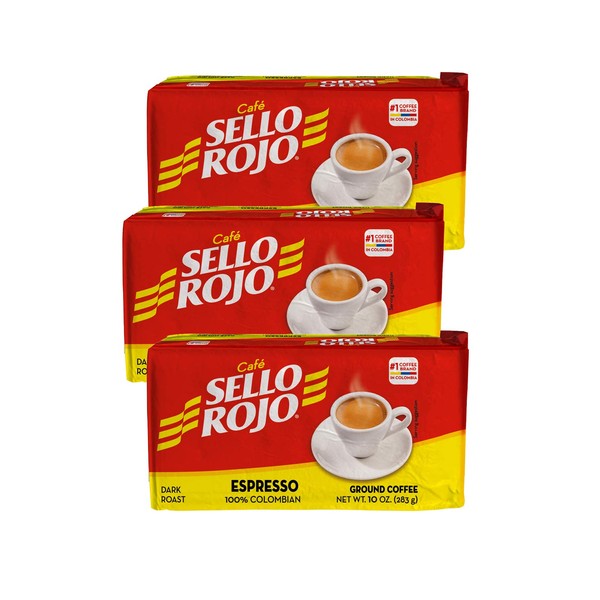 Café Sello Rojo Espresso | 100% Colombian Dark Roast Ground Arabica Coffee | Freshly Vacuum Sealed in Bricks | 10 Ounce (Pack of 3)
