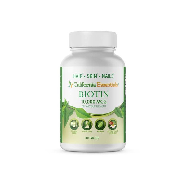 California Essentials Biotin 10000mcg | Vitamin B7 Promotes Healthy Skin, Hair & Nail Growth | High Potency Dietary Supplement for Men & Women | Non-GMO, Vegan, Gluten & Dairy Free (100 Tablets)