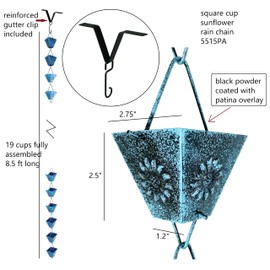 U-nitt Rain Chains, Roof Gutter Downspout/Spout Channel, Rainwater Water Catcher/Diverter, 8.5 feet Length, Metal, Black Powder Coated, Patina, Sunflower Square Cup, 5515PA