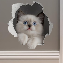 White Cat Decal - Wall Hole Sticker with 3D Effect