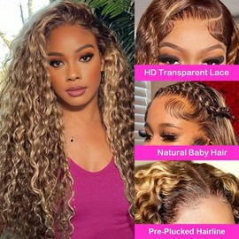 Highlight Deep Wave Lace Front Wigs Human Hair 30 Inch 13x6 HD Transparent Lace Front Wigs 200 Density 4/27 Glueless Ombre Honey Blonde Curly Wig for Women Pre Plucked with Baby Hair
