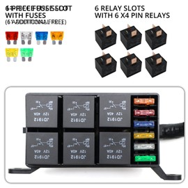 12V Pre-Wired Relay Box, Sealed Fuse Block with 6 Relays (4 Pins) and 12 Way ATC/ATO Blade Fuses (6 Fuses + 6 Free Fuses), for Automotive and Marine Applications