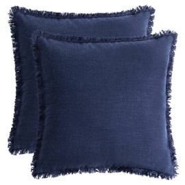 AmHoo Pack of 2 Linen Pillow Covers with Tassels Fringed Decorative Rustic Natural Throw Pillowcase Cushion for Couch Sofa Bedroom 22 x 22-Inch Navy Blue