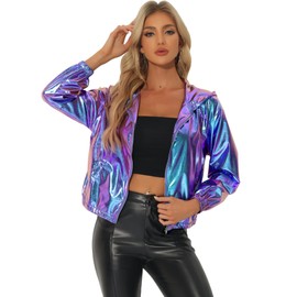 Allegra K Holographic Jackets for Women's Hooded Long Sleeve Zipper Christmas Metallic Jacket Medium Blue Purple