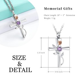 AIWENXI Cross Urn Necklace for Ashes Birthstone Rose Flower Cremation Jewelry for Women Gilrs Keepsake Memorial Ash Pendant, Stainless Steel