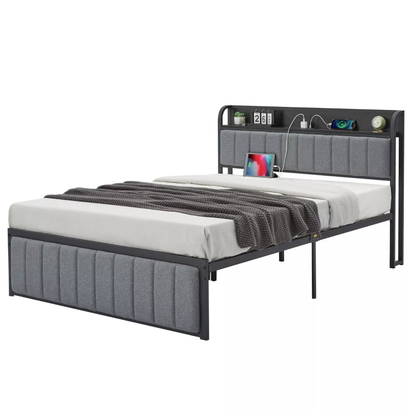 Vecelo Bed Frame with Storage Headboard Power Outlet Full Queen