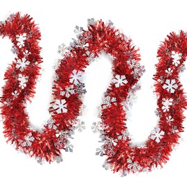 JSRHEEM Pack of 3 Christmas Garland, 2 m Christmas Tinsel Garland with Snowflake, Metallic Garland Glitter Hanging Decoration for Christmas Tree Wreath Wedding Party Red