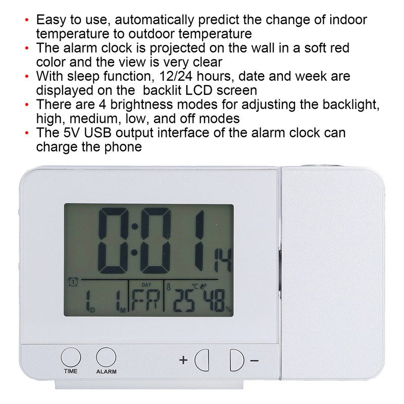 Projection Alarm Clock Backlit LED USB Charging Multifunctional Clock with