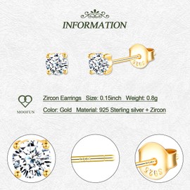 Zircon Earrings Stud 4mm 925 Sterling Silver Studs Earrings for Women Girls Small Stud Earrings Hypoallergenic Gold Ladies Earrings Jewellery Mum Female Friends Wife Sister Daughter Birthday Gifts
