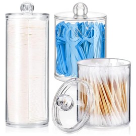 Paquete de 3 frascos de boticario con dispensador de hisopos para baño, recipiente de almacenamiento de plástico acrílico transparente para bolas de algodón, hisopos de algodón y discos de algodón