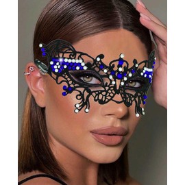Flimire Lace Mask for Women Rhinestone Butterfly Masquerade Masks Venetian Costume Ball Party Eye Mask (Blue)