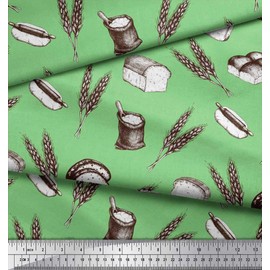 Soimoi Green Cotton Canvas Fabric Wheat & Bread Food Print Sewing Fabric BTY 56 Inch Wide