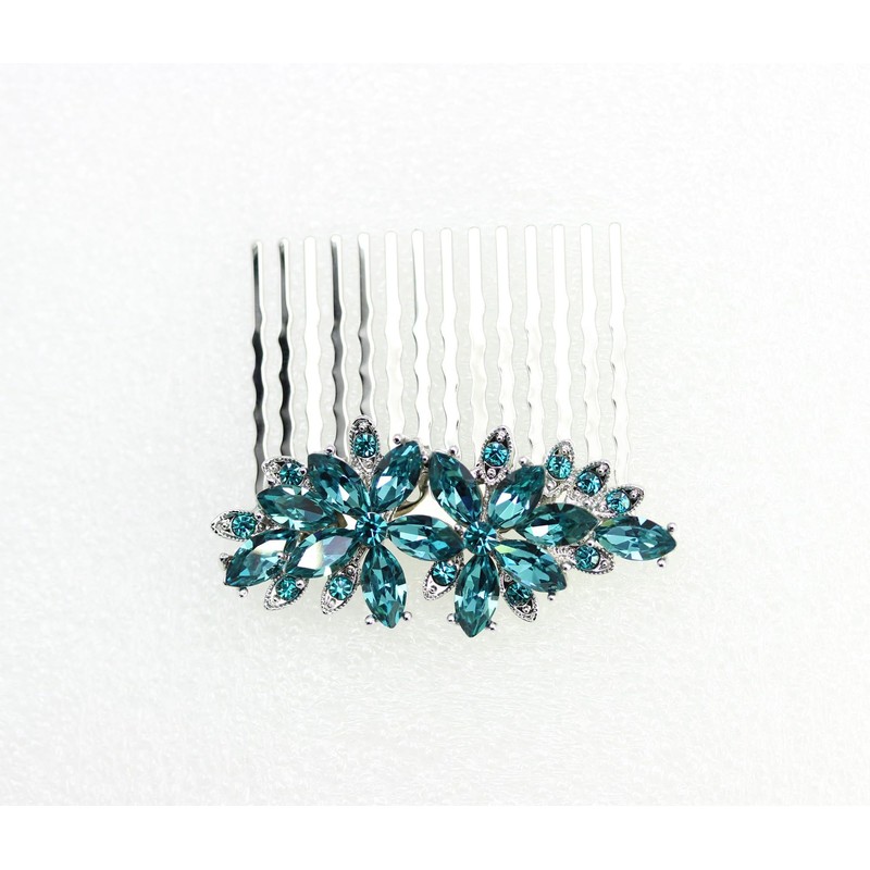 Faship Gorgeous Teal Rhinestone Crystal Floral Hair Comb