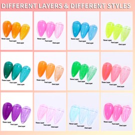 Noirwhite Jelly Gel Nail Polish, 12 Pcs Glossy Trendy Colors Transparent Nail Polish Set Including Nude Pink Purple Green Blue Yellow Colors Jelly Nail Polish Kit UV LED Soak Off Gel Polish Home DIY Nail Art Salon Manicure Multifunctional Gel Polish Best