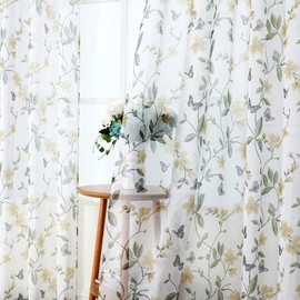 Tollpiz - Cortinas cortas transparentes de nivel floral con estampado de mariposas y flores amarillas, con bolsillo para barra de cocina, cortinas de lino sintético para baño, 30 x 24 pulgadas de