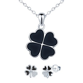 MICMIF Black Four Leaf Clover Earrings and Necklace Jewellery Set 925 Sterling Silver Women Girls 2 Pcs Black Clover Necklace Earrings Set Womens Silver Jewellery Set
