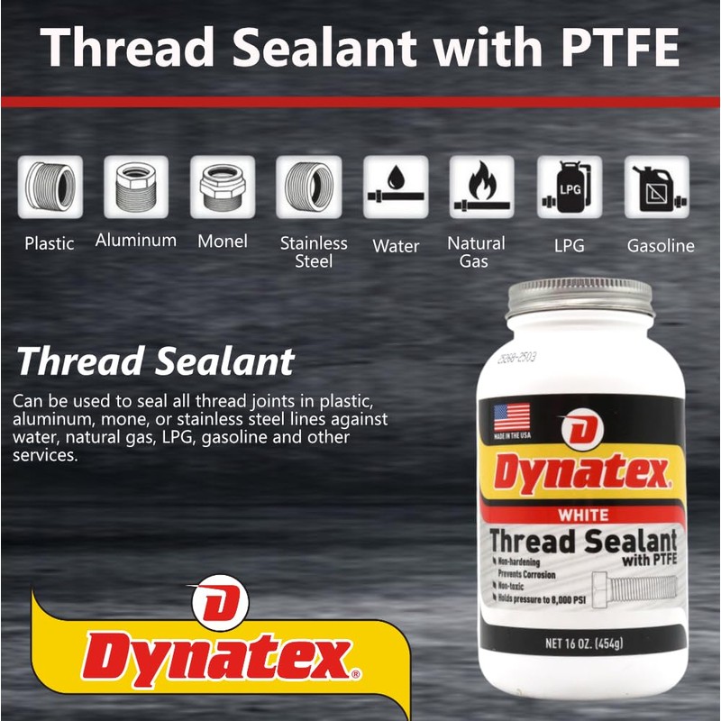Dynatex 49495 All Purpose Thread Sealant with PTFE, -65 to