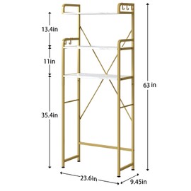 Over The Toilet Storage Rack with 3-Tier Shelves, Space Saver Toilet Shelf, Laundry Organizer with Hooks for Over Toilet Storage and Space Saver (White & Gold)