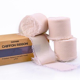 3 Rolls Light Pink Handmade Fringe Chiffon Ribbon 1.5" x 7Yd Silk-Like Ribbon Colorful Rustic Ribbon for Bouquets Wrapping Decor Wedding Invitation Accessories