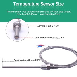 Twidec/2M NPT 1/4" inch (6X100MM) Pipe Thread Temperature Sensor Probe Two Wire Temperature Controller (0~600℃) 304 Stainless Steel K Type Thermocouple MT-205-1/4