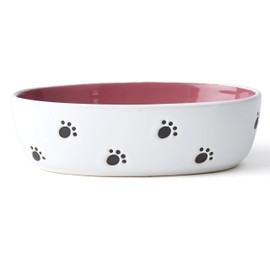 PetRageous 11023 Silly Kitty Oval Dishwasher Safe Stoneware Cat Bowl 6.5-Inch Long 4-Inch Wide 2-Inch Tall 2-Cups Capacity for Cats of All Sizes With Silly Kitty Logo In the Basin, White and Pink