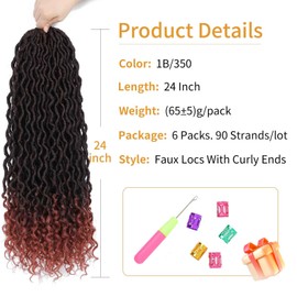 Faux Locs Crochet Hair 24 Inch 6 Packs Ombre Crochet Goddess Locs With Curly Ends Pre Looped Goddess Braids Crochet Hair For Black Women(1B/350, 24 Inch, 6 Packs)