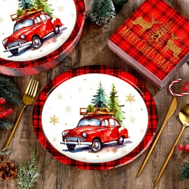 Yiyiring 150 Pcs Christmas Plates and Napkins Set Xmas Truck Red Plaid Dinnerware 50 Pcs Disposable Plates 11 Inch and 100 Pcs Paper Napkins 13 Inch for 50 Guests Christmas Party Supplies Buffalo