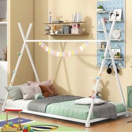Harper & Bright Designs Metal Twin Size House Platform Bed Frame for Boys Girls Kids Adults Toddler with Triangle Structure, White