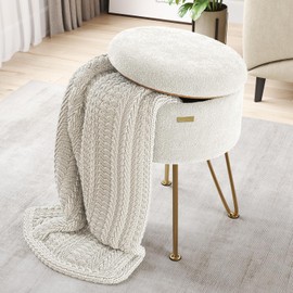 STORAGEBUD Round Ottoman with Storage, Boucle Storage Ottoman, Foot Stool Ottoman, Makeup Vanity Stool, Small Ottoman Foot Rest, Modern Ottomans for Living Room and Bedroom, White