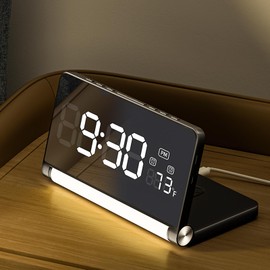 SURPN Digital Alarm Clock for Bedroom, 3-Colour Night Light, Large Display, Foldable Bedside Clock with 12/24 Hour, Snooze, Temperature Display - with Adapter (Black)