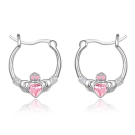 Dreamboat Sterling Silver Claddagh Earrings for Women Celtic Knot Irish Clover Earrings Dangle Earrings Hook Pink October Birthstone Irish Jewelry for Mom Mother, Large, Sterling Silver, Cubic