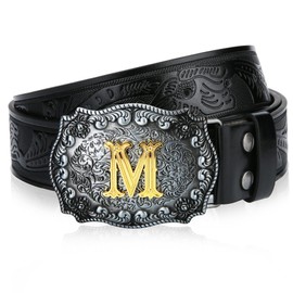 LCG LUCHENGYI Mens Western Cowboy Cowgirl Leather Belt Longhorn Bull Pattern Letter Big Buckle Belt Embossed Floral Belts