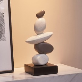 Sandstone Sculpture Decoration for Living Room, Modern Resin Stone Sculptures for Coffee Table Decorations, White and Grey Statue for Shelf Bookcase Decoration, Gifts for Good Luck, Health, Strength