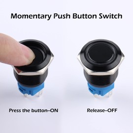 DMWD 2PCS 19MM Momentary Push Button Switch 12V-24V Ring LED 1NO 1NC Waterproof (ON)-Off Black Metal Shell Self-Reset with Wire Socket Plug for 3/4" Mounting Hole(IP66,Blue Light)