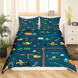 Boys Cartoon Cars Bedding Set for Girls Kids Construction Vehicles Comforter Cover Decorative Heavy Machinery Truck Duvet Cover Construction Site Bed Set Full Size 3Pcs Bedclothes (No Comforter)